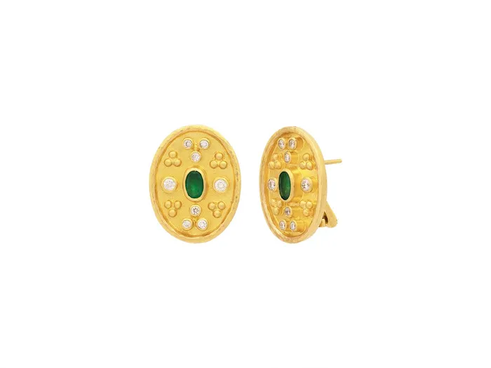 GG GOLD OOAK Earrings GURHAN Muse Gold Emerald Stud Earrings 175mm Wide Medallion GG GOLD OOAK Earrings GURHAN Muse Gold Emerald Stud Earrings 175mm Wide Medallion