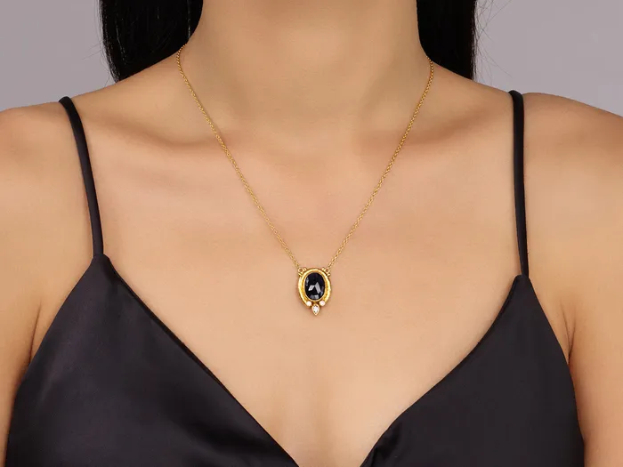 GG GOLD OOAK Necklaces GURHAN Muse Gold Sapphire Pendant Necklace 14x10mm Oval set in Wide Frame GG GOLD OOAK Necklaces GURHAN Muse Gold Sapphire Pendant Necklace 14x10mm Oval set in Wide Frame