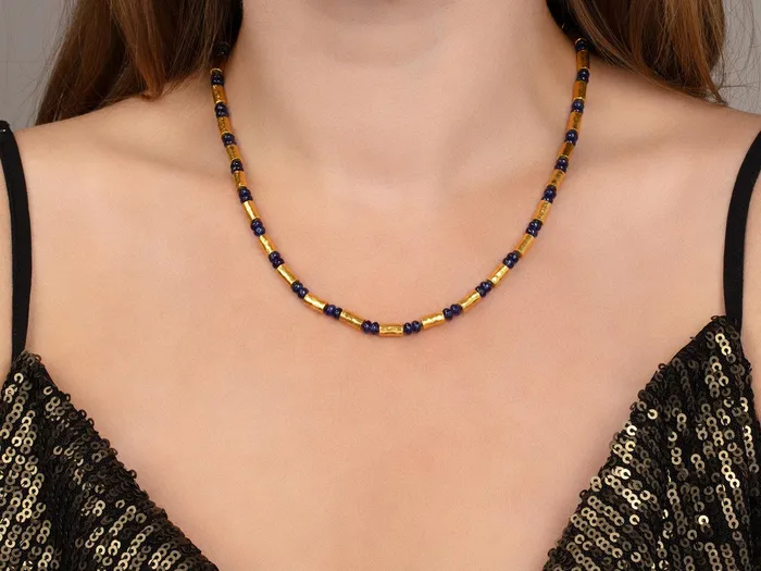 GG GOLD OOAK Necklaces GURHAN Vertigo Gold Sapphire Beaded Short Necklace Gold Tubes and Cabochon Beads