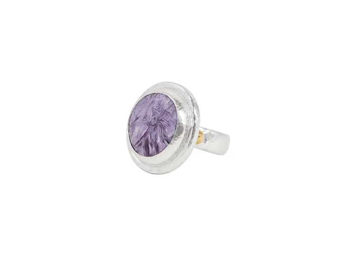 GG SILVER CLR Rings GURHAN Galapagos Sterling Silver Charoite Cocktail Ring 19mm Round Stone set in Wide Frame Gold Accents GG SILVER CLR Rings GURHAN Galapagos Sterling Silver Charoite Cocktail Ring 19mm Round Stone set in Wide Frame Gold Accents