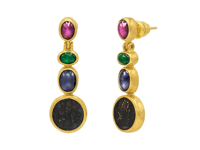 GURHAN Antiquities Gold Mixed Stone Long Drop Earrings Mixed Round and Oval GG GOLD OOAK Earrings GURHAN Antiquities Gold Mixed Stone Long Drop Earrings Mixed Round and Oval GG GOLD OOAK Earrings