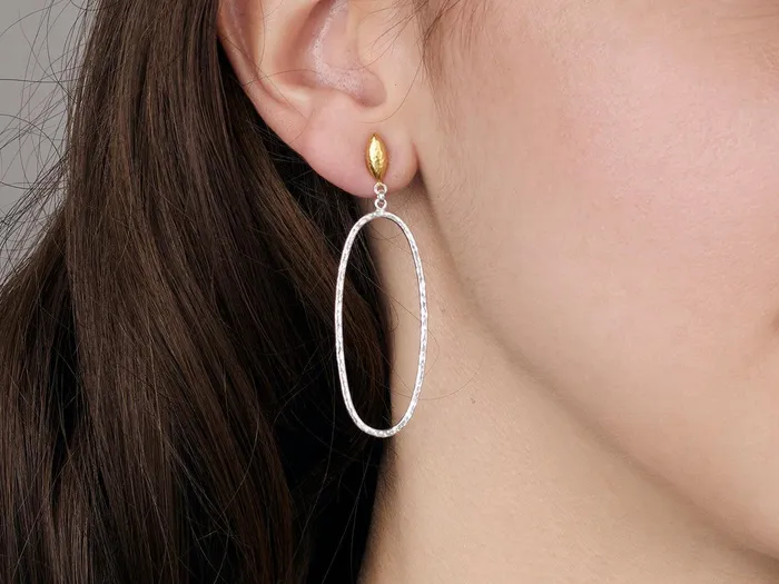 GURHAN Geo Sterling Silver Single Drop Earrings Large Silver Oval Olive Top Gold Accents GG SILVER CLS Earrings