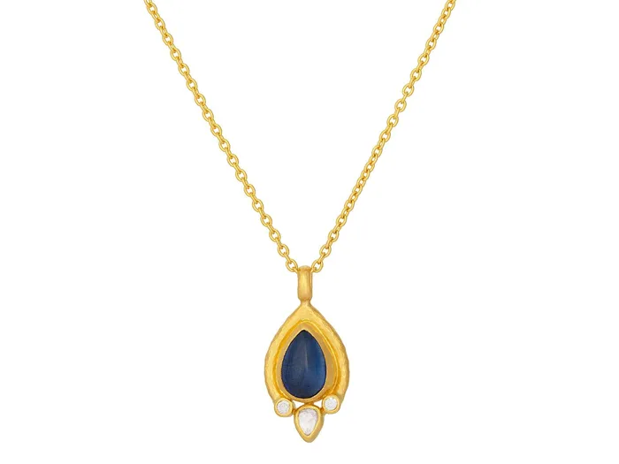 GURHAN Muse Gold Kyanite Pendant Necklace 11x8mm Teardrop set in Wide Frame GG GOLD OOAK Necklaces GURHAN Muse Gold Kyanite Pendant Necklace 11x8mm Teardrop set in Wide Frame GG GOLD OOAK Necklaces