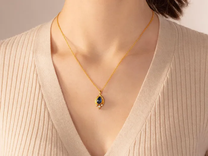 GURHAN Muse Gold Kyanite Pendant Necklace 11x8mm Teardrop set in Wide Frame GG GOLD OOAK Necklaces GURHAN Muse Gold Kyanite Pendant Necklace 11x8mm Teardrop set in Wide Frame GG GOLD OOAK Necklaces
