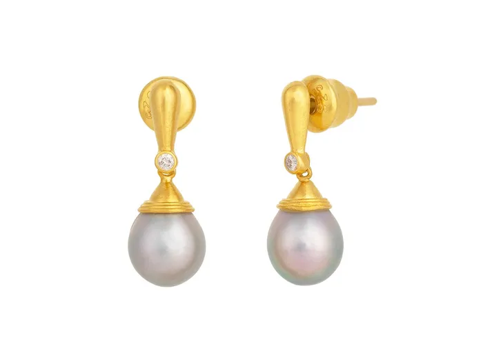 GURHAN Oyster Gold Pearl Single Drop Earrings 8mm Teardrop on Post Top GG GOLD OOAK Earrings GURHAN Oyster Gold Pearl Single Drop Earrings 8mm Teardrop on Post Top GG GOLD OOAK Earrings