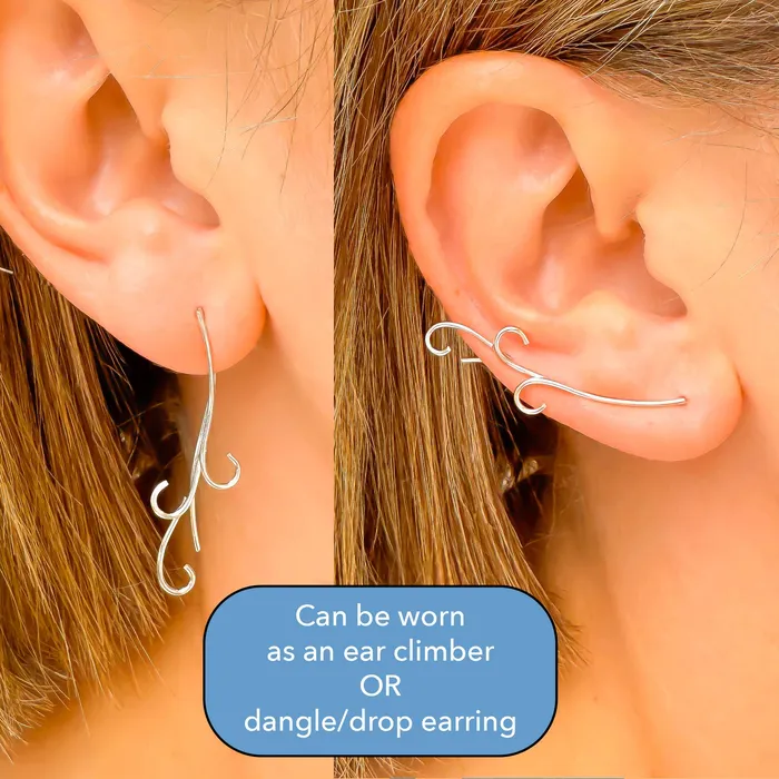Hoops By Hand Earrings Curve Wave Drop OR Climbing Earrings Sterling Silver