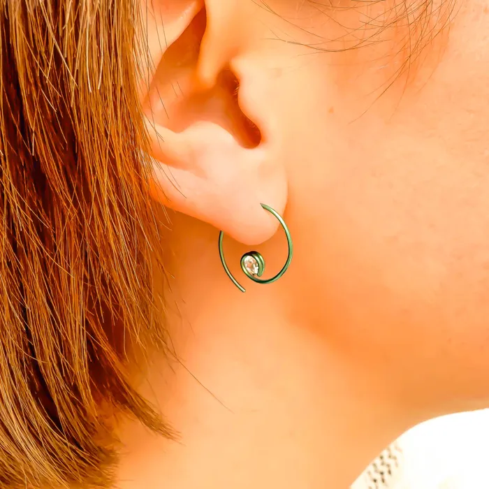Hoops By Hand Earrings Green Mini CZ Spiral Hoop Earrings Niobium