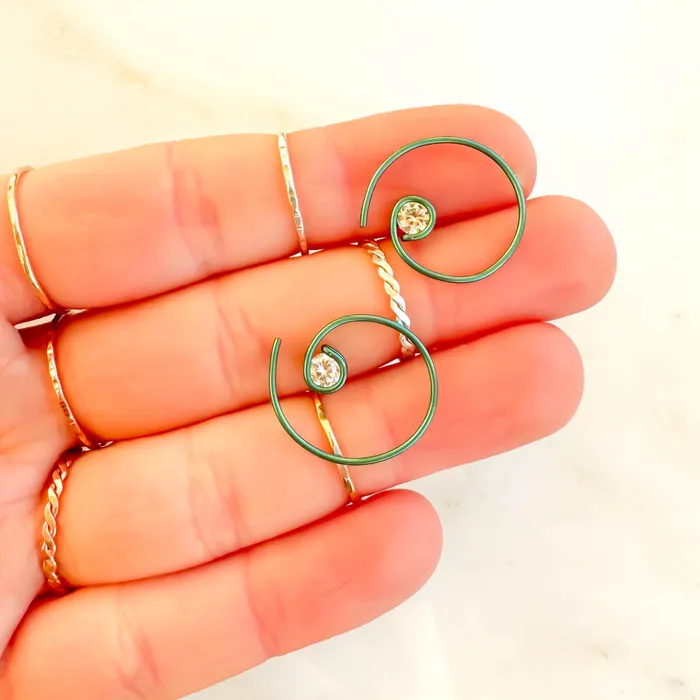 Hoops By Hand Earrings Green Mini CZ Spiral Hoop Earrings Niobium