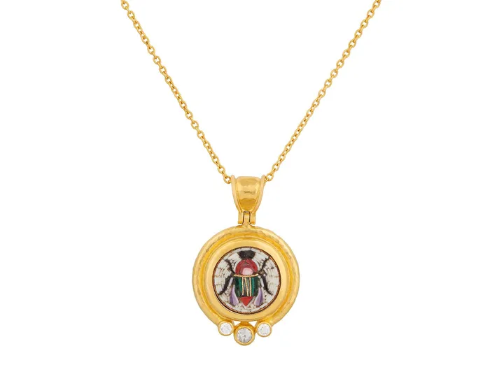 Necklaces GG GOLD OOAK GURHAN Antiquities Gold Micro Mosaic Pendant Necklace 14mm Round Scarab set in Wide Frame Necklaces GG GOLD OOAK GURHAN Antiquities Gold Micro Mosaic Pendant Necklace 14mm Round Scarab set in Wide Frame