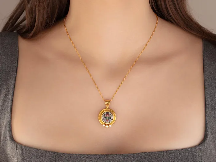 Necklaces GG GOLD OOAK GURHAN Antiquities Gold Micro Mosaic Pendant Necklace 14mm Round Scarab set in Wide Frame