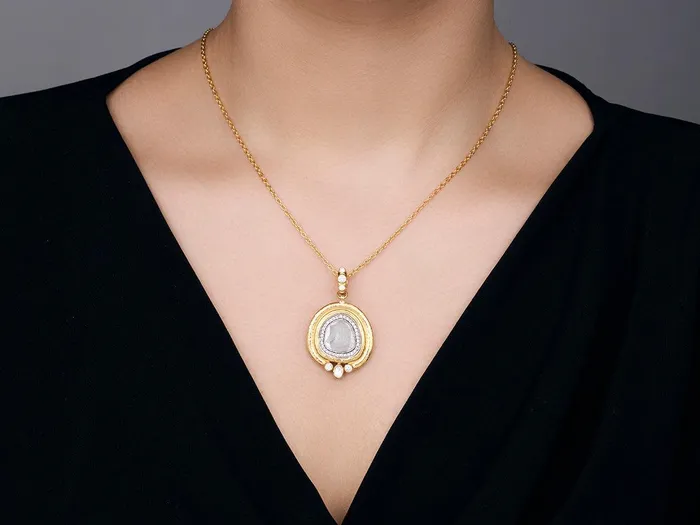Necklaces GG GOLD OOAK GURHAN Muse Gold Diamond Slice Pendant Necklace 18x16mm Amorphous set in Wide Frame Necklaces GG GOLD OOAK GURHAN Muse Gold Diamond Slice Pendant Necklace 18x16mm Amorphous set in Wide Frame