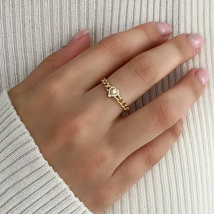 Puffy Gold Heart Pave Outline Cuban Ring Alev Jewelry Rings