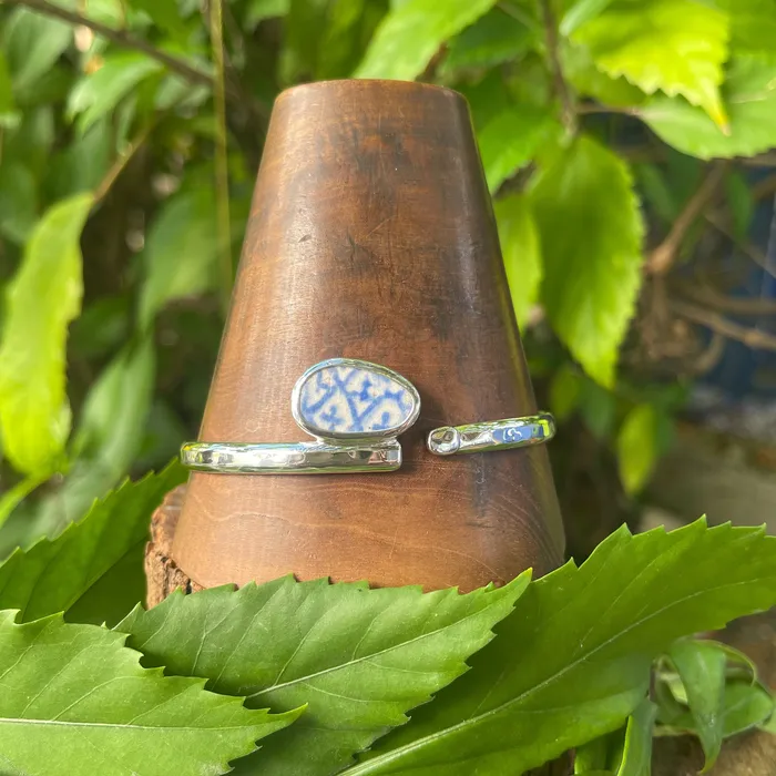 Rings Crucian Gold Baby Blue Pattern Sterling Silver Cuff Large
