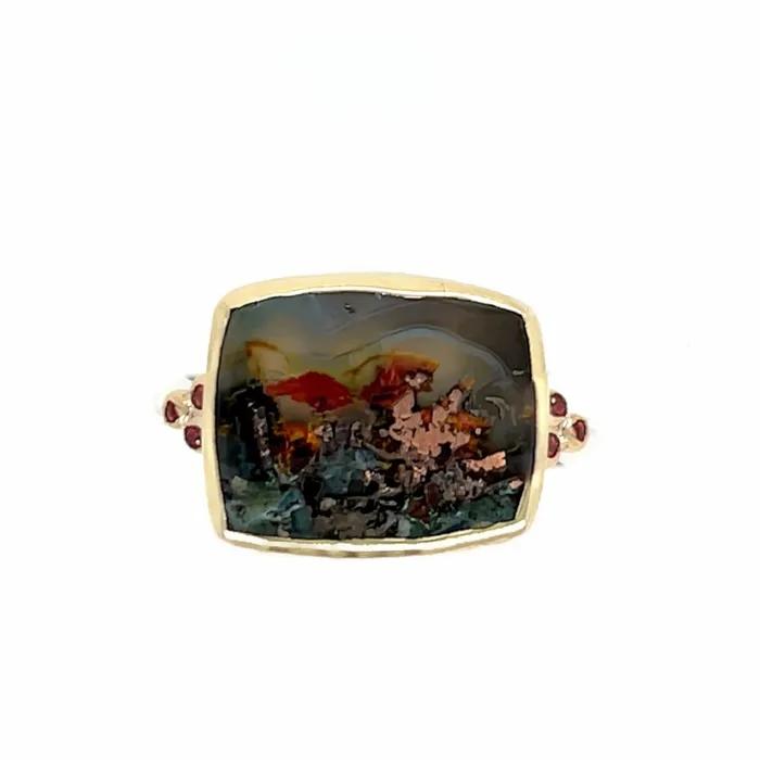 Rings Emily Amey Jewelry Copper Agate with Chrysocolla ring with garnets in 14k gold and sterling silver Rings Emily Amey Jewelry Copper Agate with Chrysocolla ring with garnets in 14k gold and sterling silver
