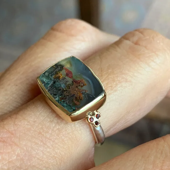 Rings Emily Amey Jewelry Copper Agate with Chrysocolla ring with garnets in 14k gold and sterling silver