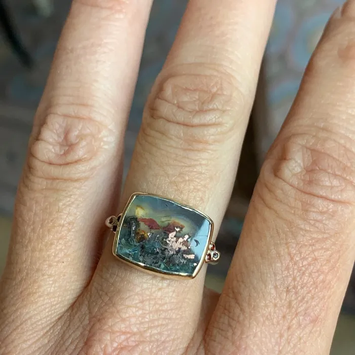 Rings Emily Amey Jewelry Copper Agate with Chrysocolla ring with garnets in 14k gold and sterling silver