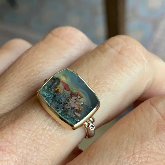 Rings Emily Amey Jewelry Copper Agate with Chrysocolla ring with garnets in 14k gold and sterling silver