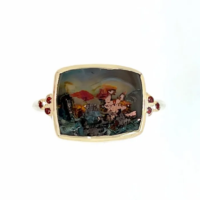 Rings Emily Amey Jewelry Copper Agate with Chrysocolla ring with garnets in 14k gold and sterling silver