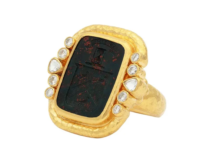 Rings GG GOLD OOAK GURHAN Antiquities Gold Bloodstone Intaglio and Diamonds Cocktail Ring 22x18mm Rectangle set in Wide Frame Rings GG GOLD OOAK GURHAN Antiquities Gold Bloodstone Intaglio and Diamonds Cocktail Ring 22x18mm Rectangle set in Wide Frame