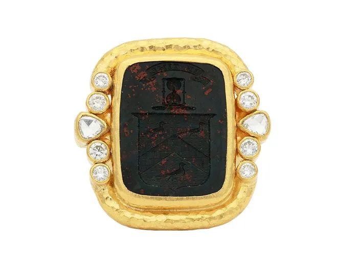 Rings GG GOLD OOAK GURHAN Antiquities Gold Bloodstone Intaglio and Diamonds Cocktail Ring 22x18mm Rectangle set in Wide Frame Rings GG GOLD OOAK GURHAN Antiquities Gold Bloodstone Intaglio and Diamonds Cocktail Ring 22x18mm Rectangle set in Wide Frame