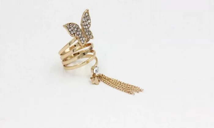 Sparkling Selection Rings Long Chain Gold Tassels Big Butterfly Three Finger Ring Resizable Sparkling Selection Rings Long Chain Gold Tassels Big Butterfly Three Finger Ring Resizable