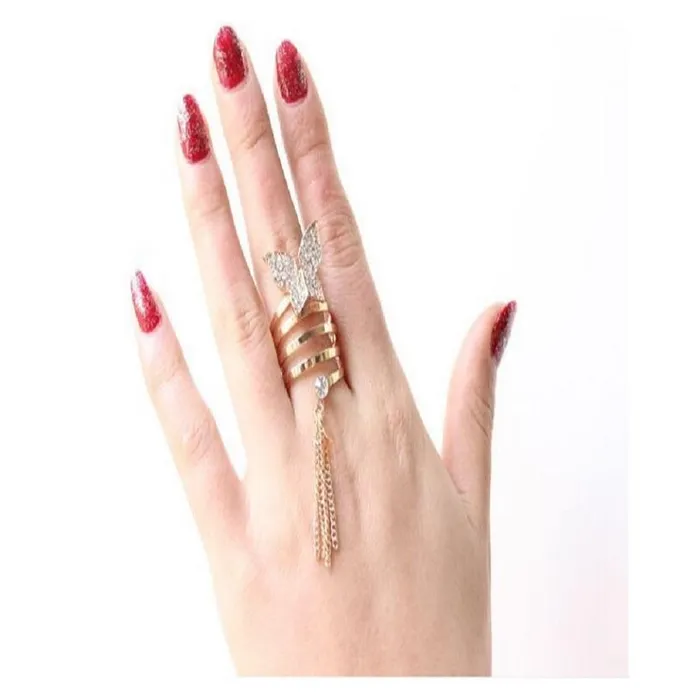 Sparkling Selection Rings Long Chain Gold Tassels Big Butterfly Three Finger Ring Resizable Sparkling Selection Rings Long Chain Gold Tassels Big Butterfly Three Finger Ring Resizable