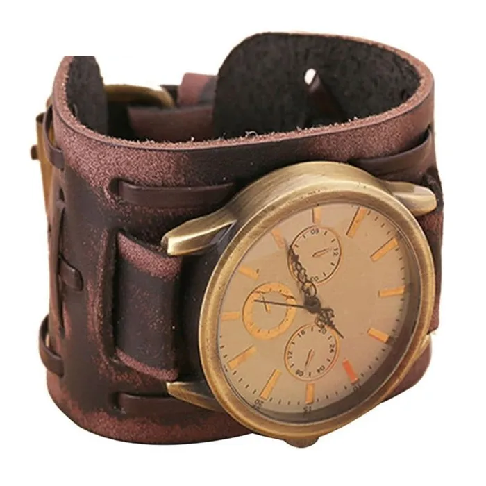 sparklingselections Bracelets High Quality Retro Punk Rock Brown Big Wide PU Leather Bracelet Watches For Men Business Sports Quartz Watches