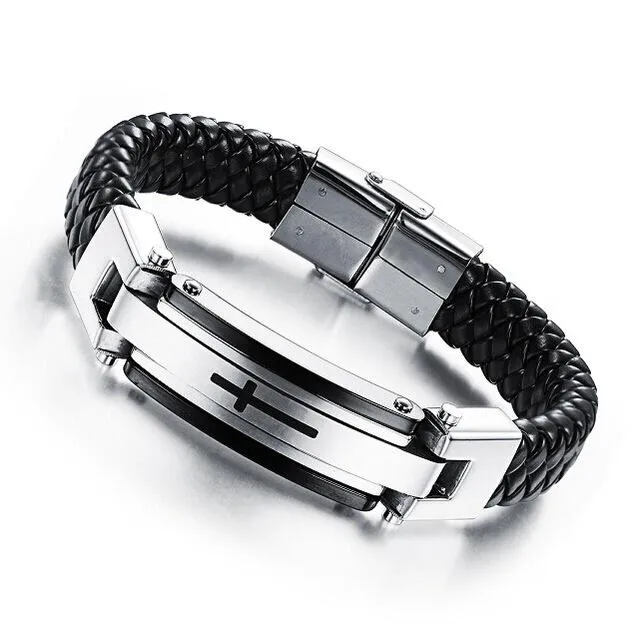 sparklingselections Bracelets Mens Love Cross Leather Bracelet