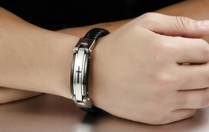 sparklingselections Bracelets Mens Love Cross Leather Bracelet