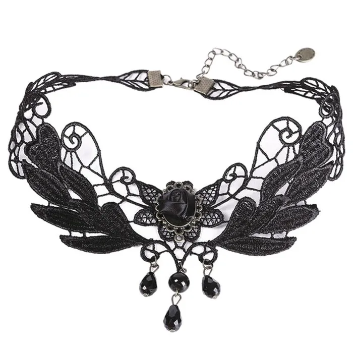 sparklingselections Necklaces Black Lace Beads Choker Collar Pendant Necklace