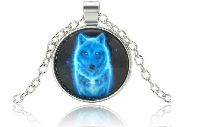 sparklingselections Necklaces Night Light Wolf Dragon Cabochon Tibetan Silver Glass Pendant Necklace