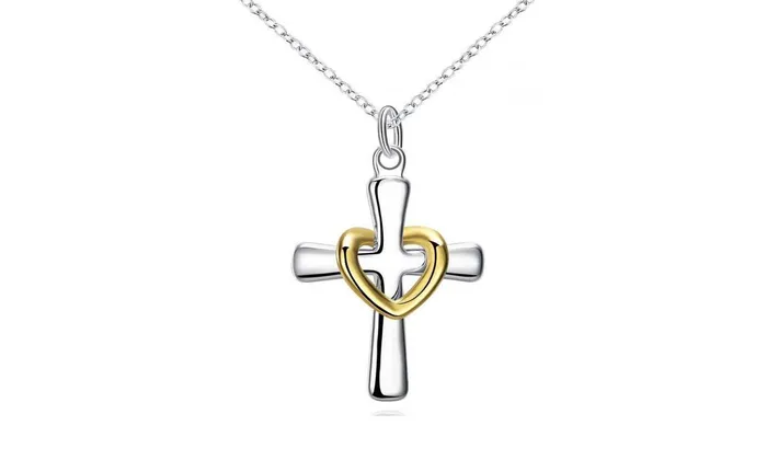 sparklingselections Necklaces Silver Plated Chain Charm Heart Cross Pendant Necklace sparklingselections Necklaces Silver Plated Chain Charm Heart Cross Pendant Necklace