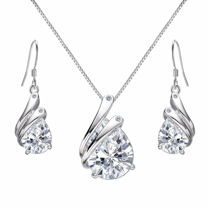 sparklingselections Necklaces Sterling Silver Teardrop Bridal Necklace Set sparklingselections Necklaces Sterling Silver Teardrop Bridal Necklace Set