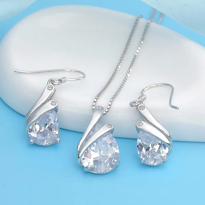 sparklingselections Necklaces Sterling Silver Teardrop Bridal Necklace Set