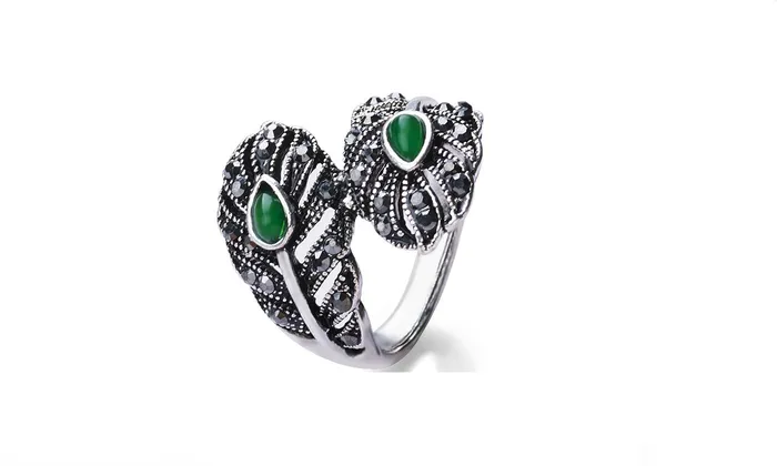 sparklingselections Rings Retro Silver Color Green Stone Leaf Rings For Women sparklingselections Rings Retro Silver Color Green Stone Leaf Rings For Women