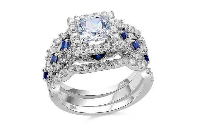 sparklingselections Rings Sterling Silver Halo Wedding Ring Set